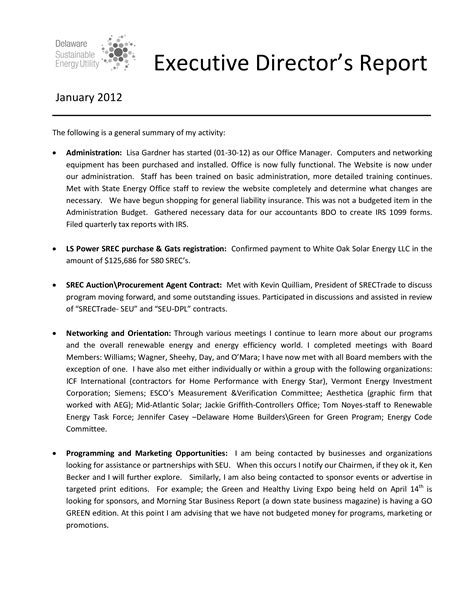 executive director monthly board report template